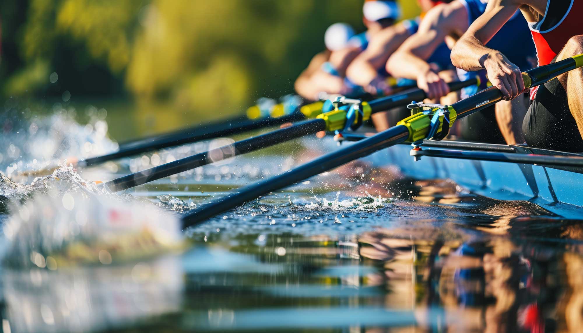 Focused rowers preparing intensely at shoreline for the imminent start of the race